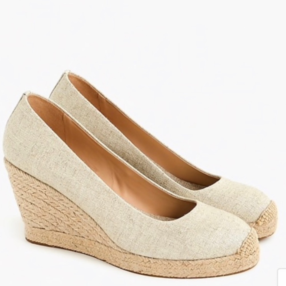 J. Crew Seville Golden Tan Metallic Threads Linen Wedge Espadrilles